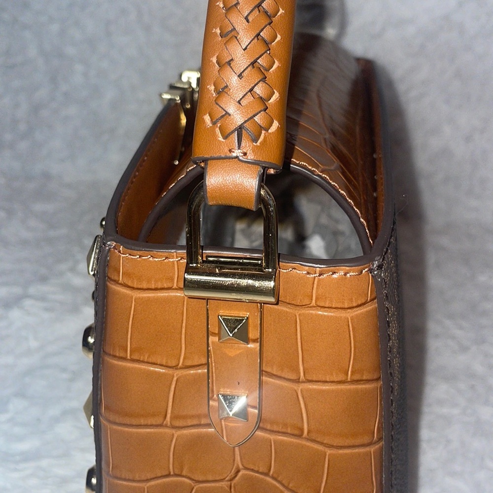 New Michael Kors Karlie Medium Studded Signature Logo Satchel in Chestnut Brown - Picture 9 of 17